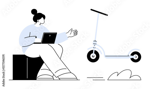 Woman seated with a laptop gesturing, facing a scooter. Ideal for urban mobility, eco-transportation, digital technology, online collaboration, modern lifestyle, innovation and connectivity. Simple