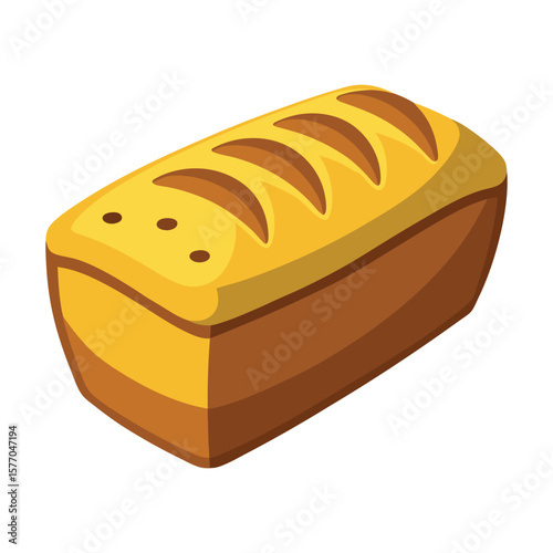 Golden brown loaf of bread with scoring on top and a white background
