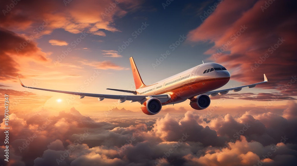 Airplane soars through a vibrant sunset sky with fluffy clouds offering a tranquil scene for travel and aviation themes. Airplane soars through a vibrant sunset sky with fluffy clouds offering a tranquil scene for travel and aviation themes.