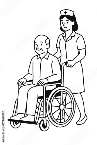 Nurse Assisting Elderly with Walker – Line Drawing
