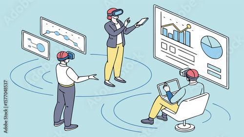 People using virtual reality headsets interacting with data visualizations and virtual environments
