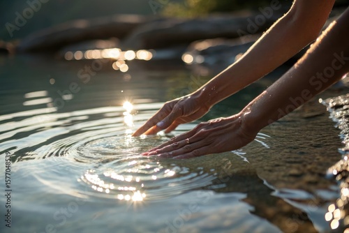 Close up of hands touching water creating ripples with sunlight reflections and bokeh in natural outdoor setting