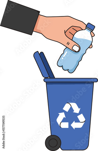 A hand discarding a plastic water bottle into a blue recycling bin.