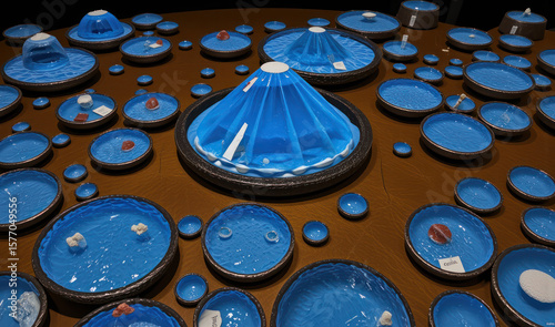 A table topped with lots of blue bowls and plates.