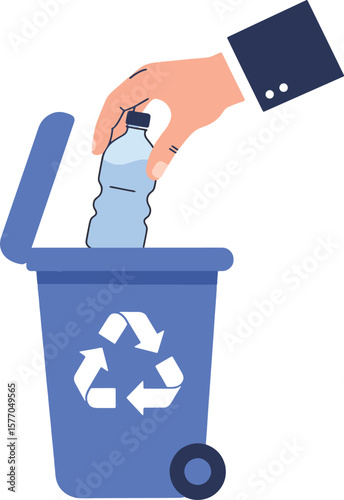 Hand holding a green recycle bin icon with recycling symbols and trash container elements