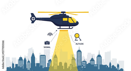 Helicopter hovering over a cityscape, with signal and altitude indicators.