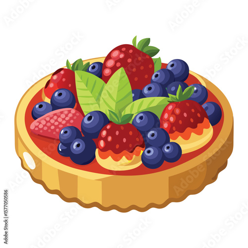 Delicious berry tart topped with fresh strawberries and blueberries and mint leaves