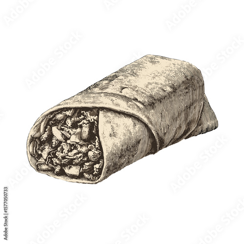 Vintage illustration of a burrito, representing popular Mexican cuisine, ideal for culinary marketing and food festivals
