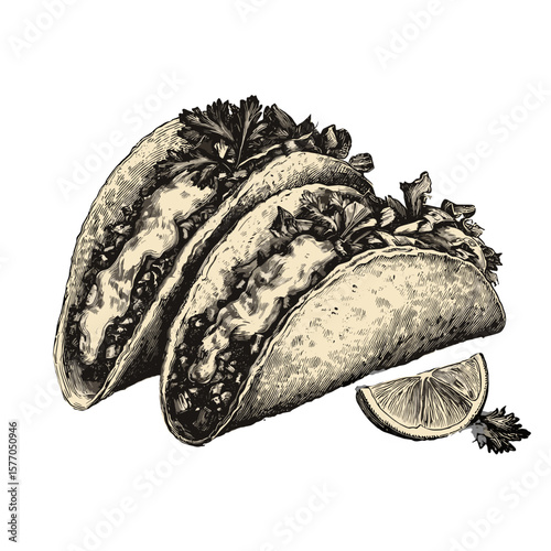 Vintage illustration of tacos, showcasing traditional Mexican cuisine, perfect for culinary promotions and cultural events