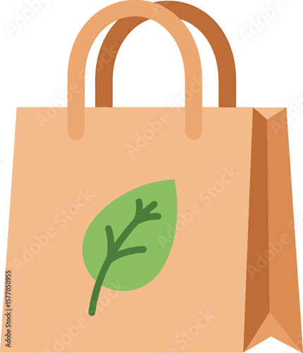 A simple illustration of a brown paper shopping bag with a green leaf symbol.