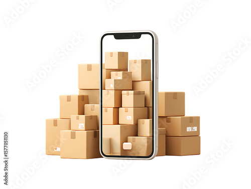 Smartphone displaying stack of cardboard delivery boxes isolated on transparent background