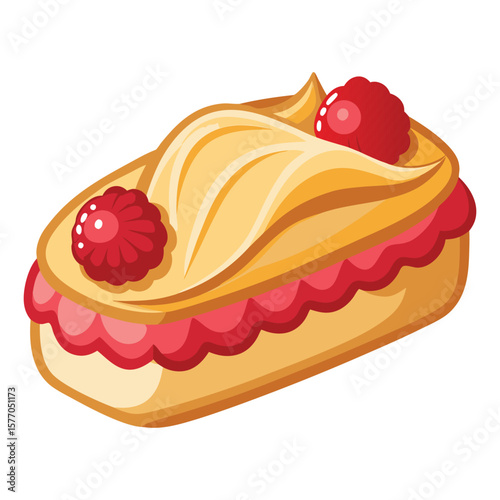 Delicious eclair pastry filled with cream and topped with raspberries and frosting