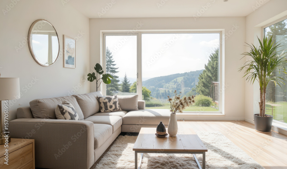 Fototapeta premium A living room with a sectional couch and a coffee table.