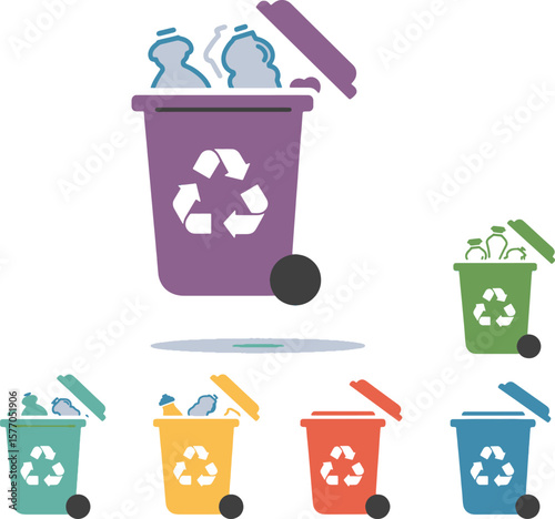 Colorful illustrations of recycling bins overflowing with waste, showing different colors.