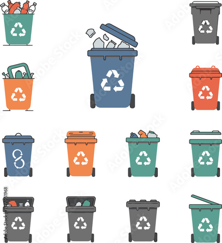 Collection of colorful recycling bins with various waste items inside, ready for disposal.