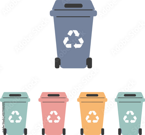 Illustration of a large recycling bin and four smaller colorful recycling bins.