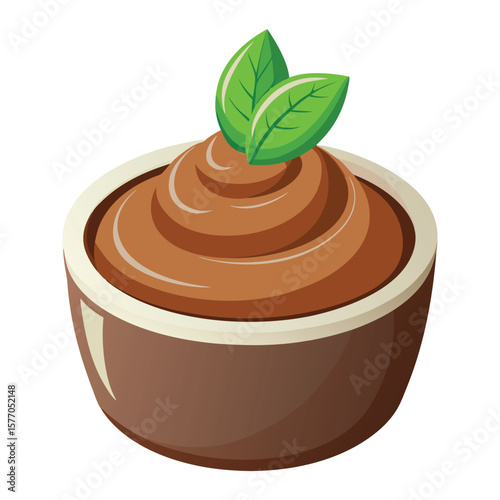 Delicious chocolate pudding or mousse served in a brown bowl with fresh green mint leaves