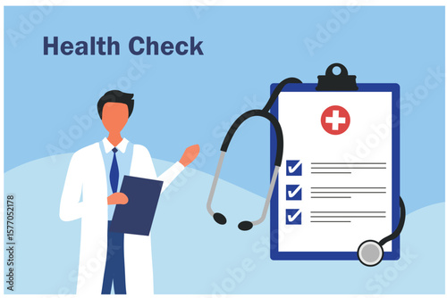 Doctor recommend to have Medical health check. Stethoscope with medical check list board. Medical and health insurance concept.