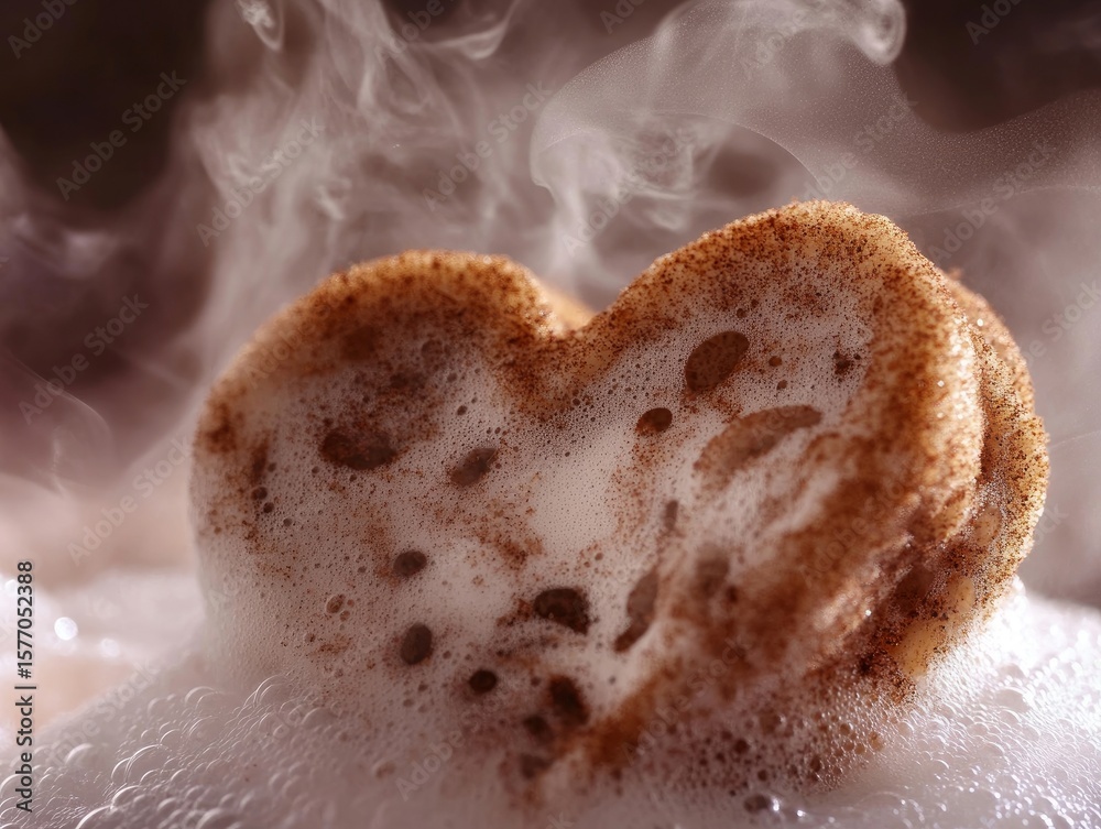 Fototapeta premium Extreme close-up of cinnamon heart melting into foam, steam curling upward