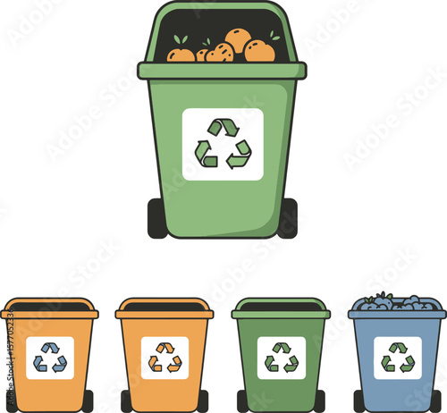 Illustration of several recycling bins, one open and filled with oranges, and others in a row.