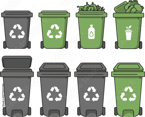 Different types of recycling bins, showing various waste categories, arranged in a grid pattern.
