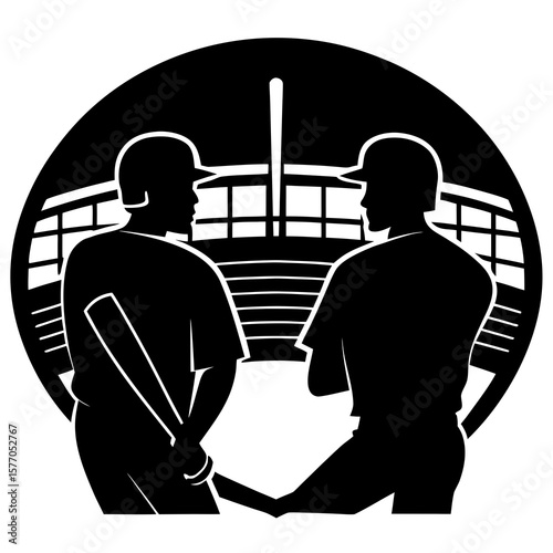 Baseball players facing stadium seats batter pitcher