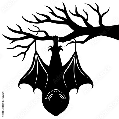 Black bat hanging upside down from bare tree branch