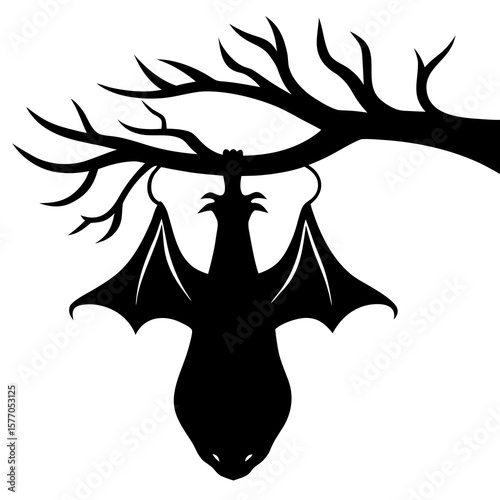 Black bat hanging upside down on tree branch vector