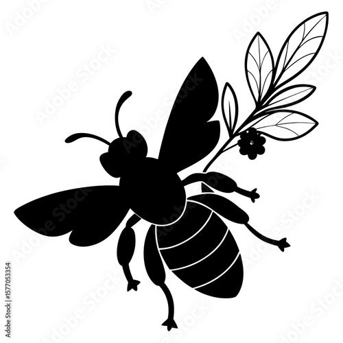 Black bee with pollen on legs and leaves insect