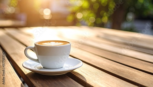 Outdoor coffee cup on wooden table, sunlit