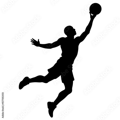 Black silhouette of basketball player jumping for slam dunk