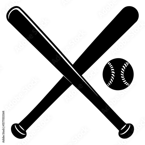 Crossed baseball bats and ball sports equipment black