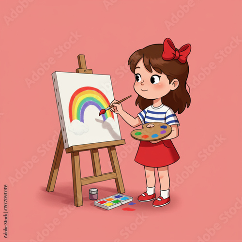 Little Girl Painting Rainbow on Canvas
