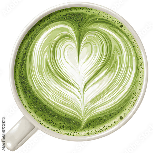Overhead View of Matcha Latte with Heart Shaped Latte Art