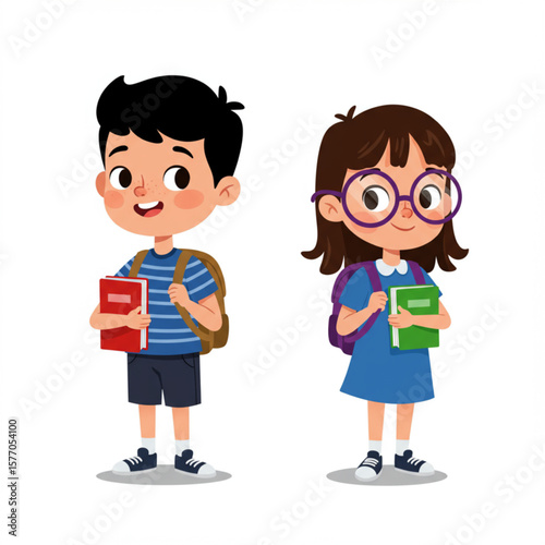 Cute Cartoon Students with Backpacks and Books Ready for School