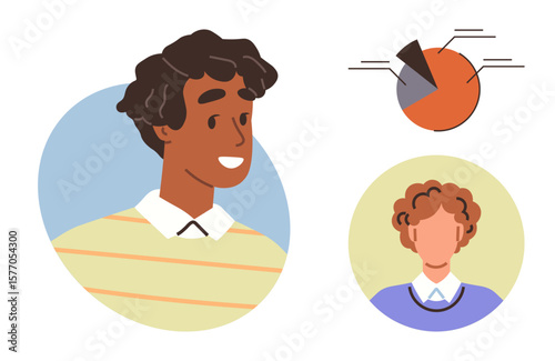 Two diverse individuals framed in circles and a pie chart with data segments. Ideal for teamwork, analytics, diversity, workplace communication, education, research, leadership. Simple flat metaphor