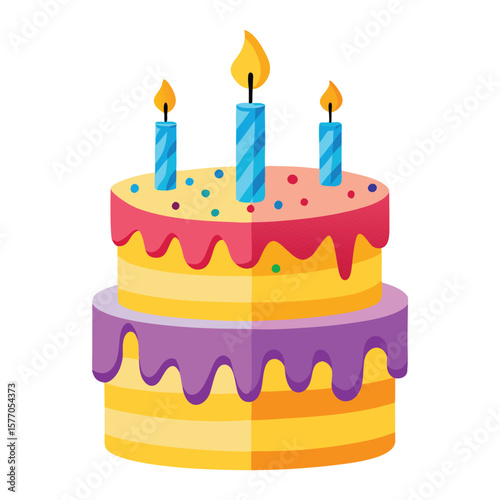Colorful two tier birthday cake with three lit candles and sprinkles