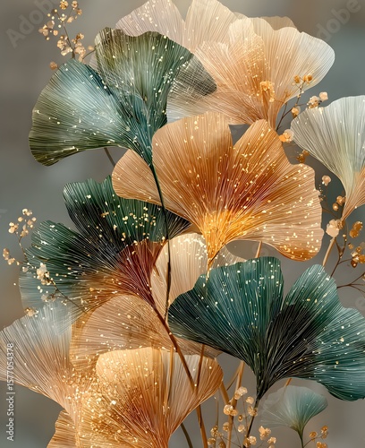 Elegant Ginkgo Leaves with Golden Accents on Soft Gray Background Artwork