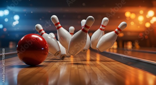 A red bowling ball strikes pins, scattering them across the wooden lane.