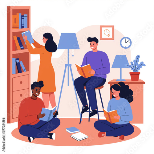 Group of Young Diverse People Reading Books Illustration