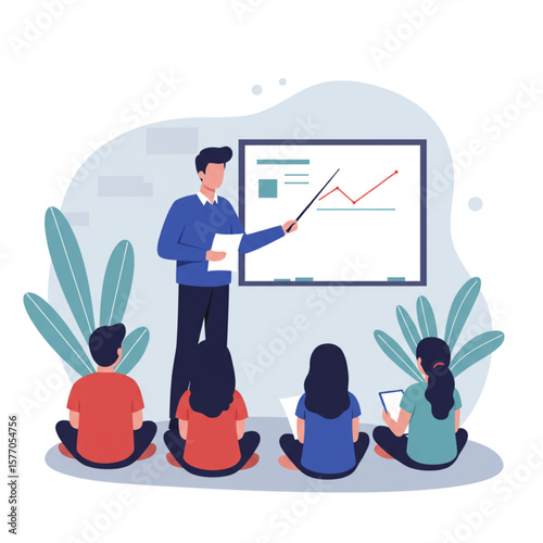 Teacher Giving Presentation to Students Sitting on Floor - Education and Learning Concept Illustration