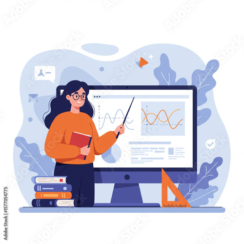 Online Education or Distance Learning Concept with Person, Computer, and Graphs