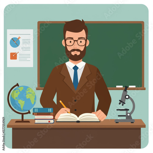 Male Teacher Sitting at Desk in Classroom with Book, Globe, and Microscope