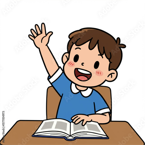 Cute Cartoon Boy Student Raises Hand in Class During Lesson with Open Book on Desk