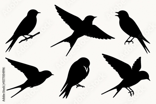 Collection of five dynamic swallow silhouettes in flight and perching poses, ideal for nature art, outdoor designs, and bird-themed projects. Perfect for prints, tattoos, and wildlife graphics with a 