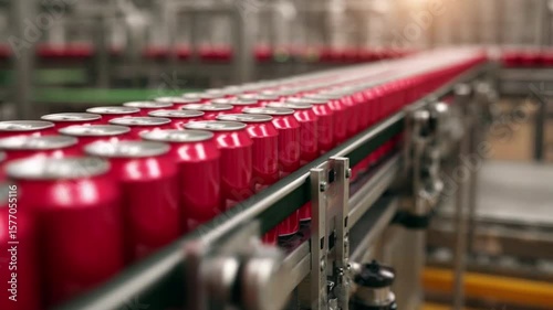 Rows of red aluminum cans lined up on a conveyor belt in a beverage production facility.