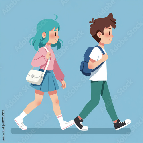 Cartoon Illustration of Young Students Walking Together