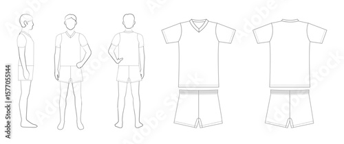 バレーボールユニフォームテンプレート（男性・半袖・無地／線画）Men’s Volleyball Uniform Template – Short Sleeve, Line Art, Front/Side/Back

