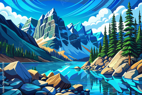 Panoramic view of Moraine Lake in Banff National Park, Alberta, Canada. Turquoise water, mountain peaks, evergreen forest, iconic travel destination, Canadian Rockies landscape