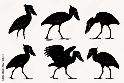 Set of six unique shoebill silhouettes in various poses, perfect for wildlife art, nature designs, and African safari themes. Ideal for logos, posters, and eco-friendly graphics with a bold, minimalis